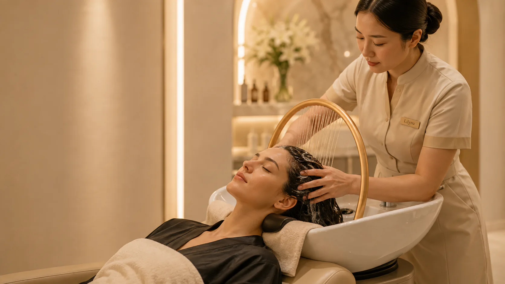 Head-Spa-Behandlung mit Kopfhautmassage in warmer Studioatmosphäre