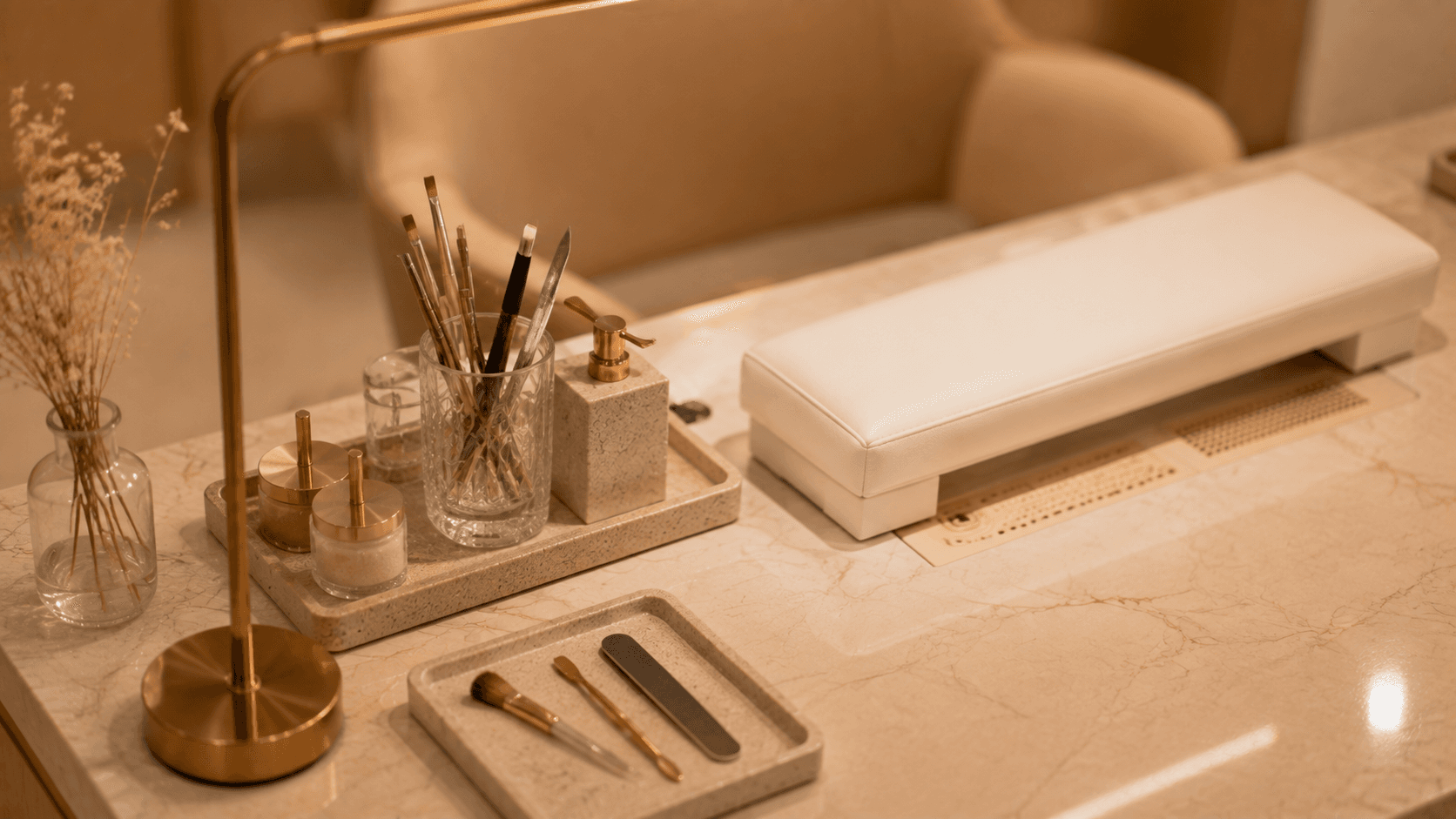 Marmor-Maniküretisch mit gepflegtem Arbeitsplatz und Nail-Werkzeugen
