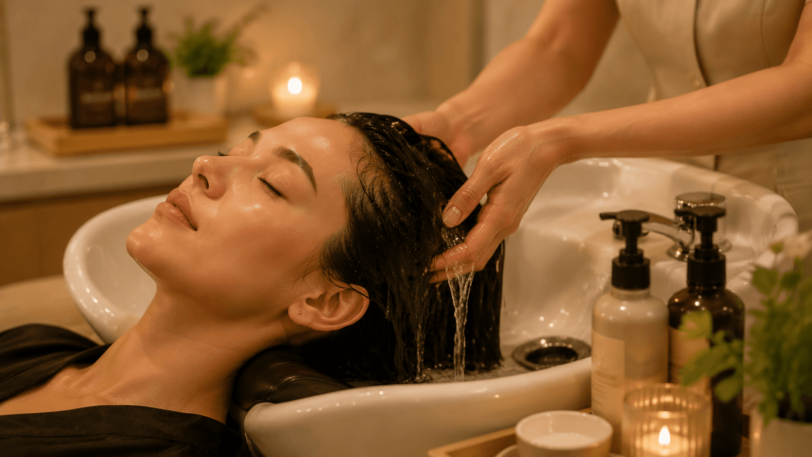 Detail einer Head-Spa-Anwendung beim Ausspülen und Massieren der Kopfhaut