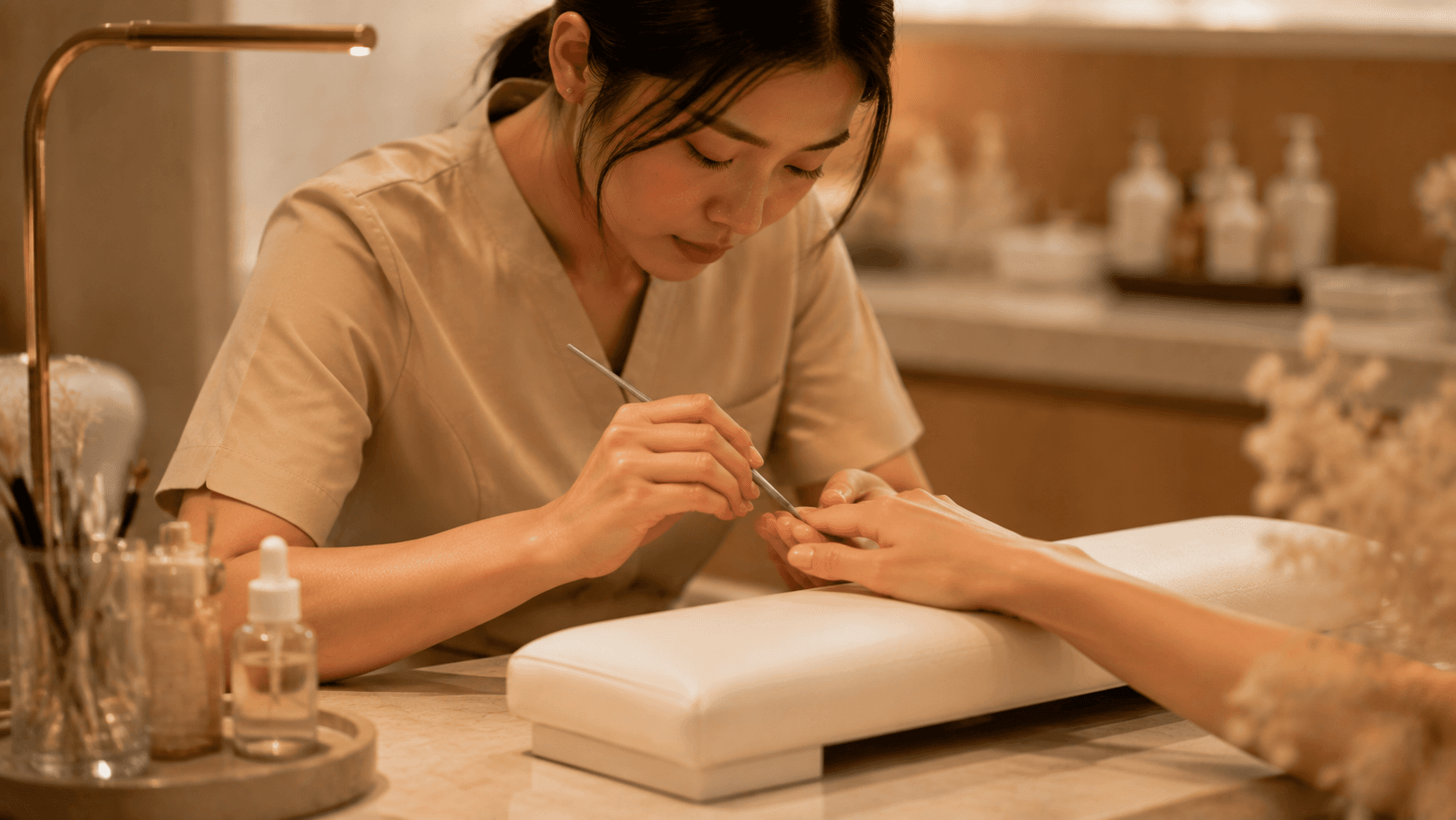 Nail-Technikerin bei einer sorgfältigen Maniküre im Lilyna House of Beauty