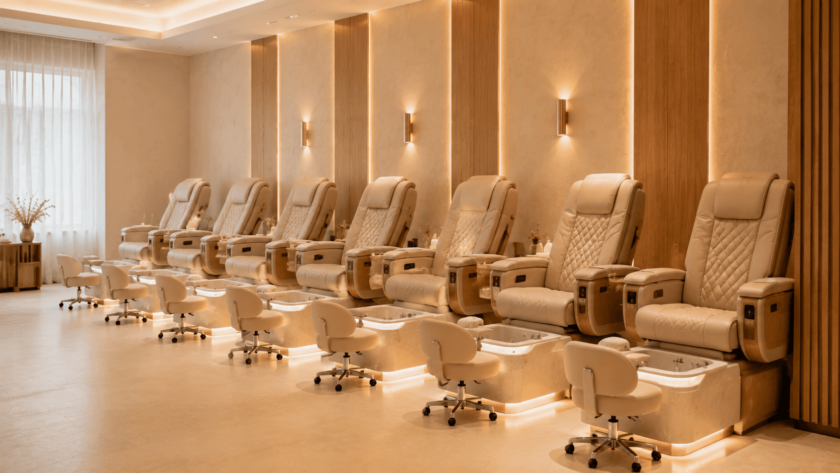 Großzügiger Pedikürebereich mit Premium-Massagestühlen bei Lilyna