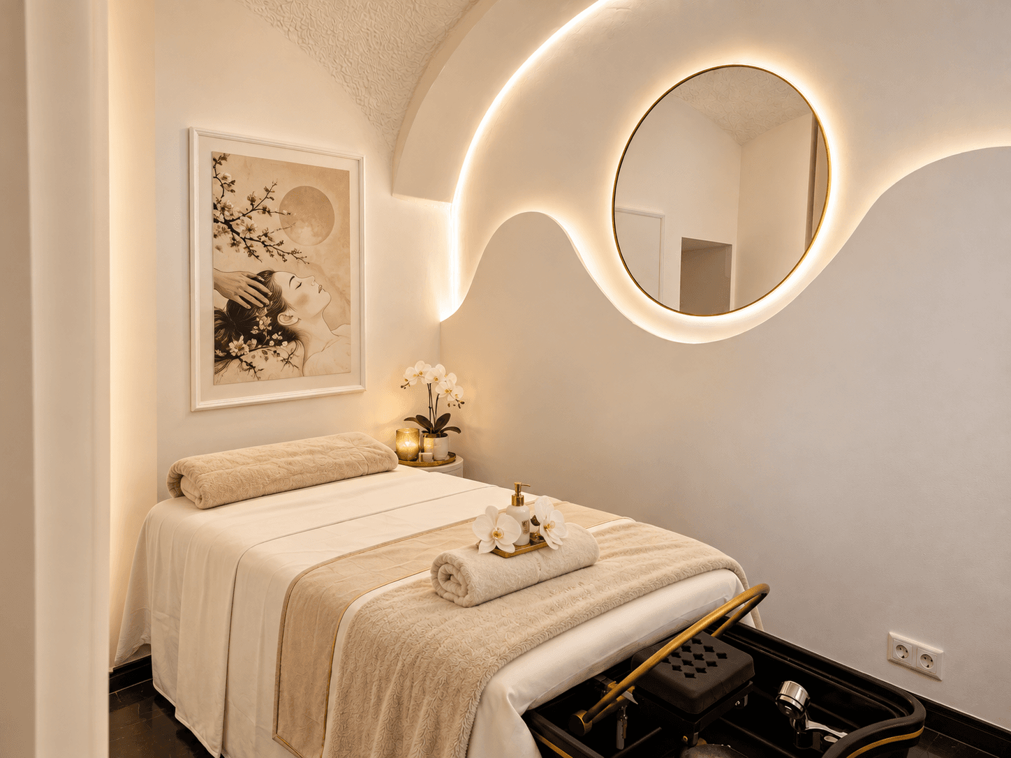 Privater Behandlungsraum bei Lilyna House of Beauty mit Behandlungsliege und rundem Wandspiegel